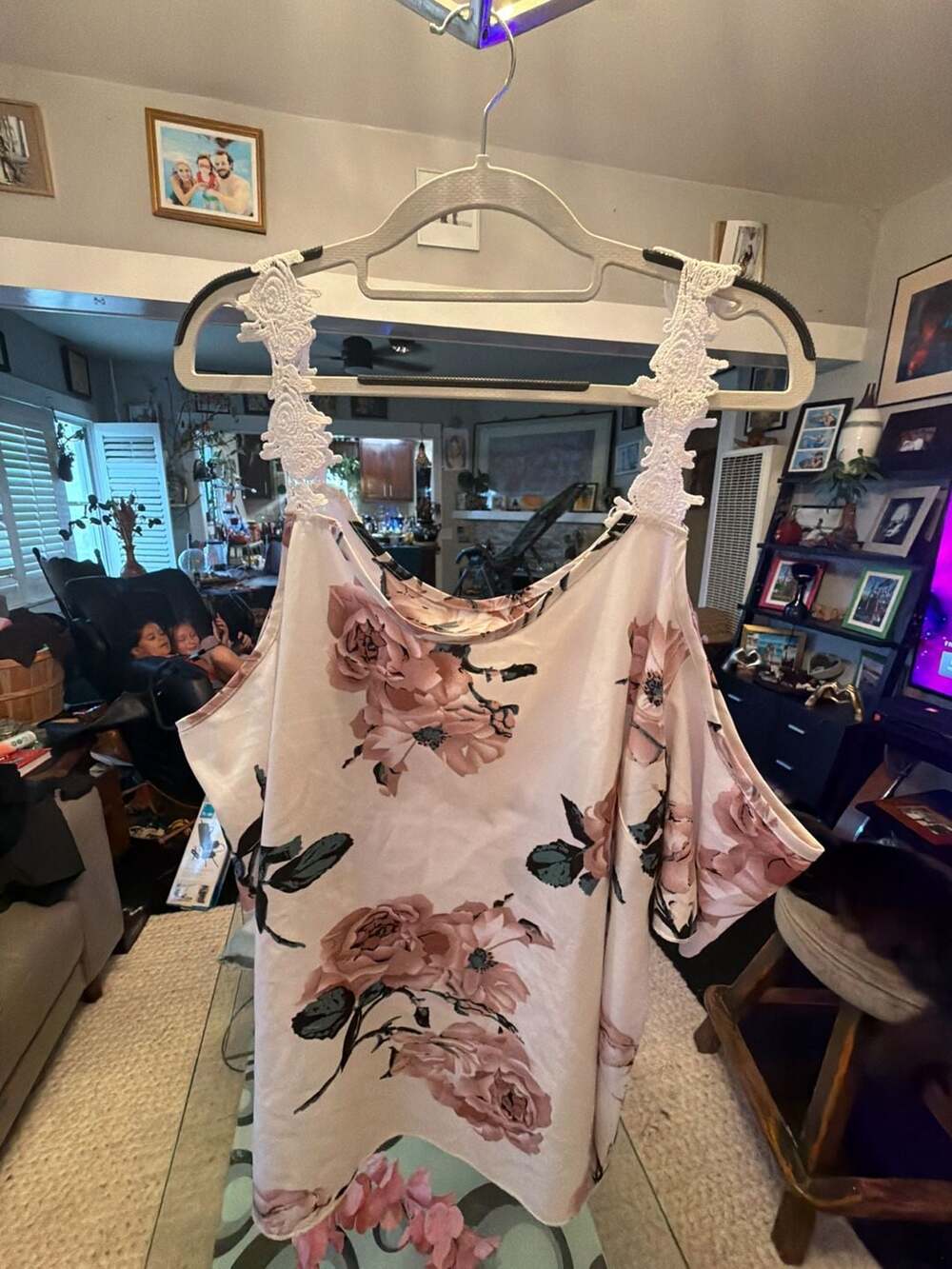 Women's Floral Print Cold Shoulder Top with Lace Trim Straps
